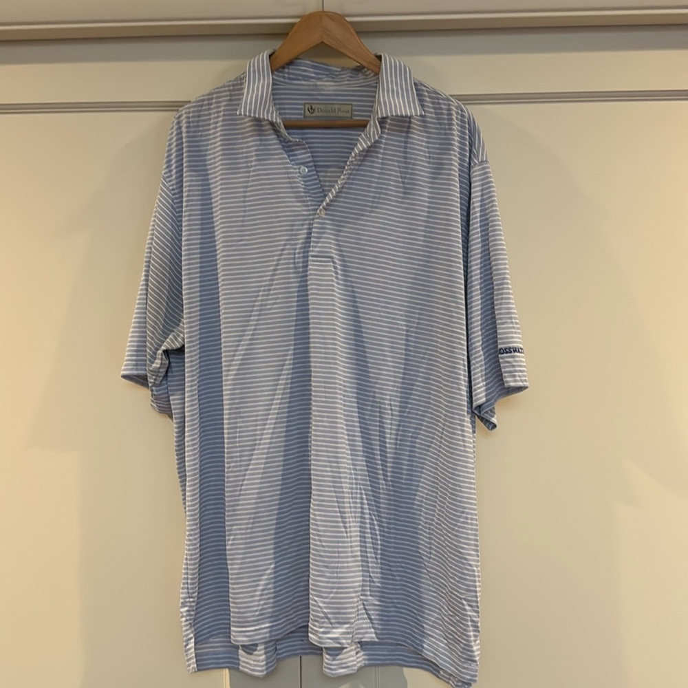 Men’s Blue & White Stripe Golf Polo with Crosswater Golf Club Logo.